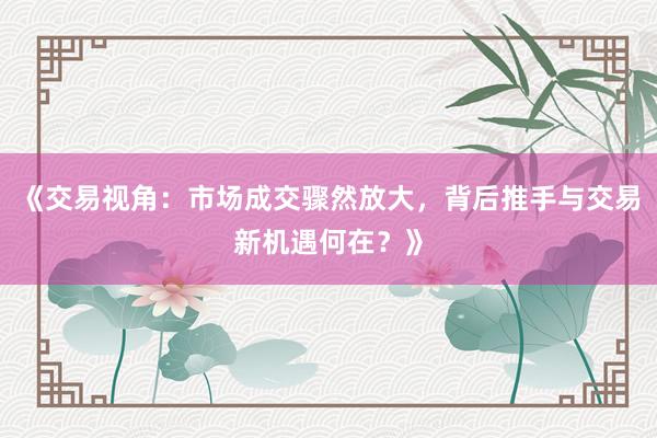 《交易视角：市场成交骤然放大，背后推手与交易新机遇何在？》